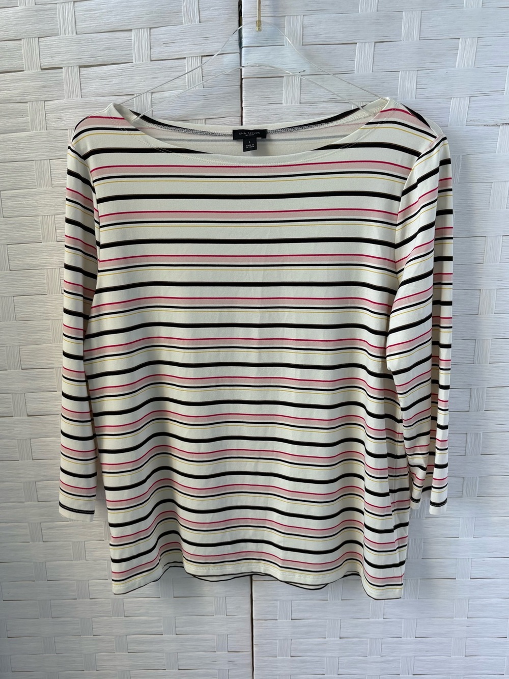 Ann Taylor Large Cream Striped Boatneck 3/4 Sleeve Top Cruise Vacation Classic